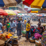 Busy market scene in Ghana showing rising cost of living and food prices