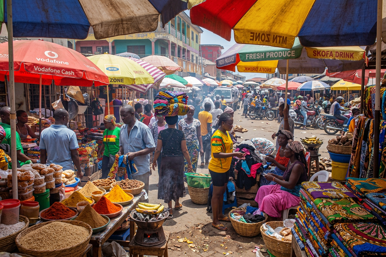 Busy market scene in Ghana showing rising cost of living and food prices