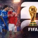 Real Madrid and Benfica players in action alongside FIFA World Cup trophy graphic 2026
