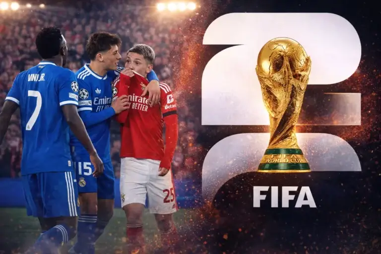 Real Madrid and Benfica players in action alongside FIFA World Cup trophy graphic 2026