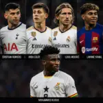 Composite image featuring Reece James, Cristian Romero, Arda Güler, Luka Modrić, Lamine Yamal, Mikel Merino, and Mohammed Kudus in football kits against a stadium backdrop.