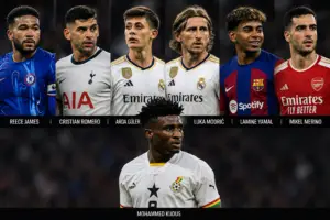 Composite image featuring Reece James, Cristian Romero, Arda Güler, Luka Modrić, Lamine Yamal, Mikel Merino, and Mohammed Kudus in football kits against a stadium backdrop.