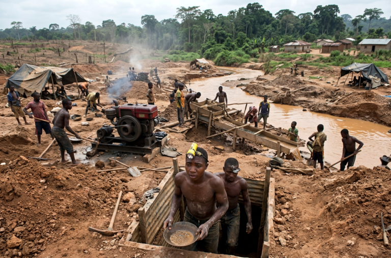 Illegal mining in Ghana showing miners working near polluted river caused by galamsey