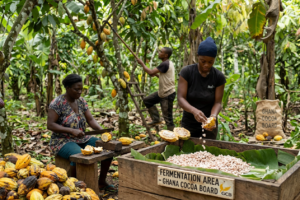 Cocoa farmers in Ghana harvesting cocoa pods amid payment delays affecting production