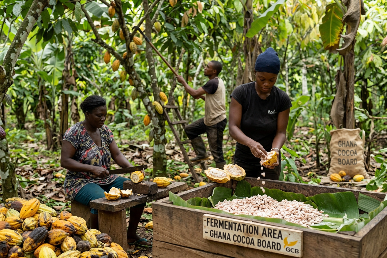 Cocoa farmers in Ghana harvesting cocoa pods amid payment delays affecting production
