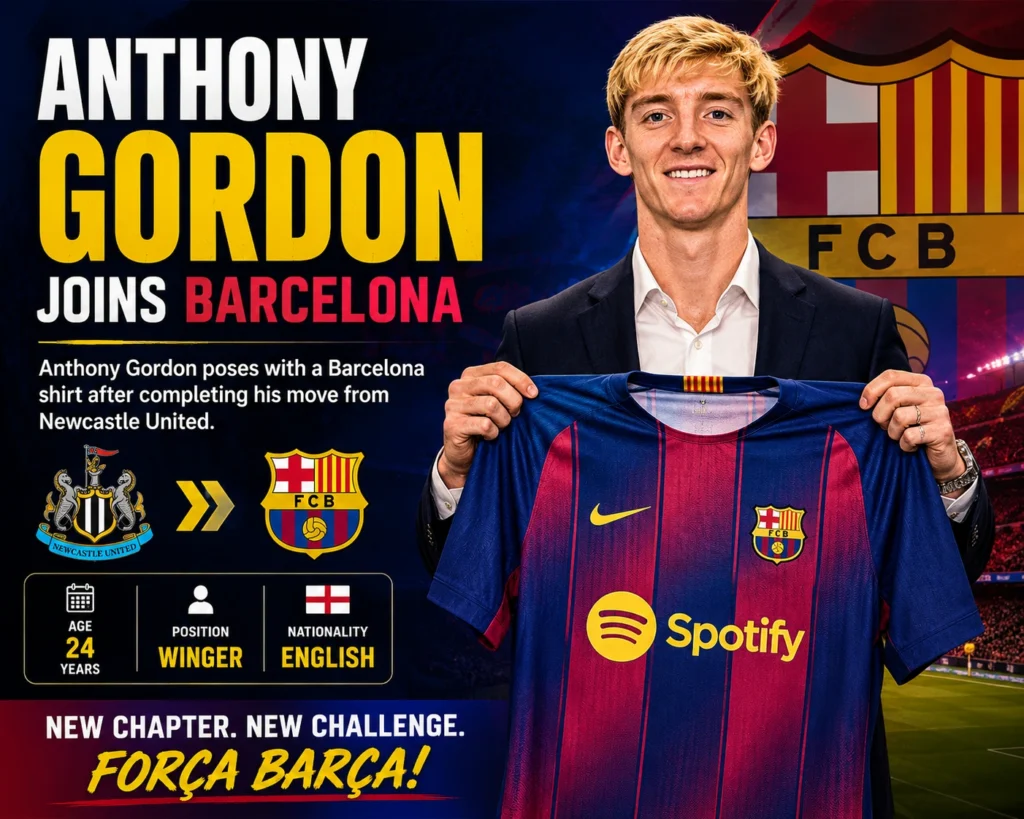 Anthony Gordon holding a Barcelona jersey during his official unveiling at Camp Nou.