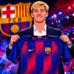 Anthony Gordon holding a Barcelona jersey during his official unveiling at Camp Nou.