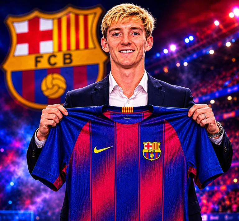 Anthony Gordon holding a Barcelona jersey during his official unveiling at Camp Nou.