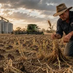 Australian farmer inspecting crop damage amid a mouse infestation affecting grain-producing regions in South Australia and Western Australia.