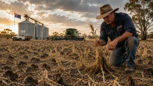 Australian farmer inspecting crop damage amid a mouse infestation affecting grain-producing regions in South Australia and Western Australia.