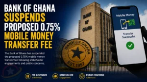 Bank of Ghana headquarters in Accra after suspension of proposed mobile money transfer fee.