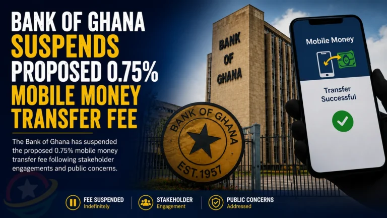Bank of Ghana headquarters in Accra after suspension of proposed mobile money transfer fee.