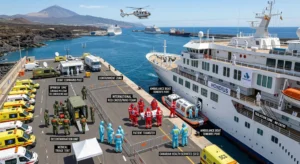 Hazmat teams boarding cruise ship or Tenerife port aerial