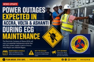 ECG engineers working on electrical control systems during maintenance operations linked to planned power outages in Accra, Volta and Ashanti regions.