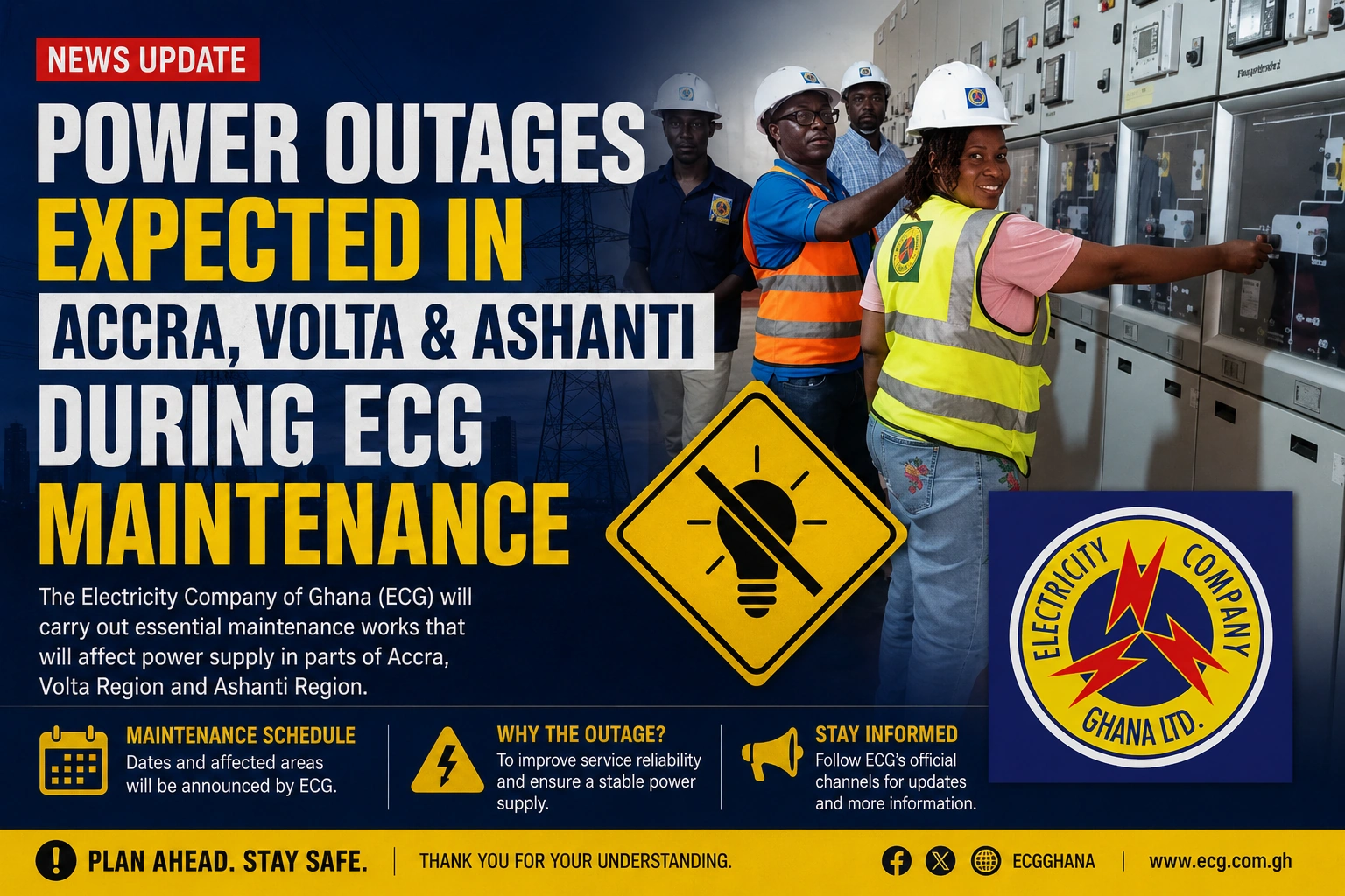 ECG engineers working on electrical control systems during maintenance operations linked to planned power outages in Accra, Volta and Ashanti regions.