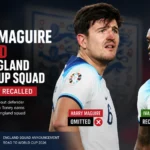 Graphic showing Harry Maguire and Ivan Toney in England kits with headline announcing Maguire’s omission from England’s World Cup squad and Toney’s recall.