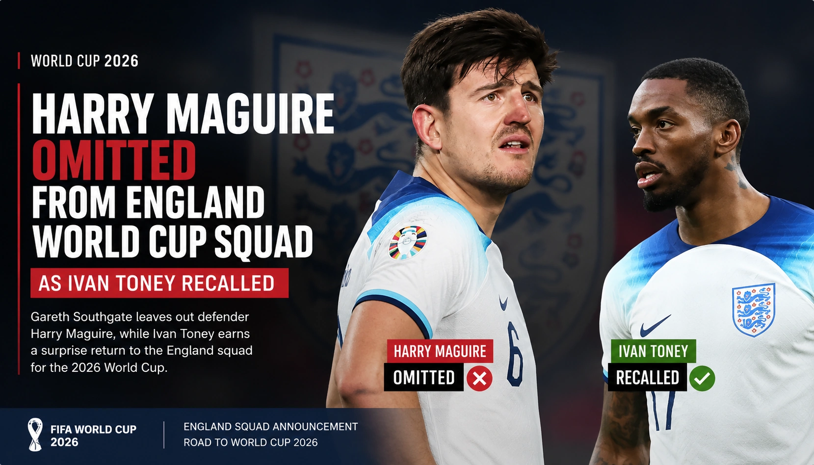 Graphic showing Harry Maguire and Ivan Toney in England kits with headline announcing Maguire’s omission from England’s World Cup squad and Toney’s recall.