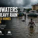 Residents walk through floodwaters during Ghana floods in Cape Coast after torrential rain submerged homes and roads.