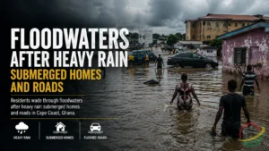 Residents walk through floodwaters during Ghana floods in Cape Coast after torrential rain submerged homes and roads.