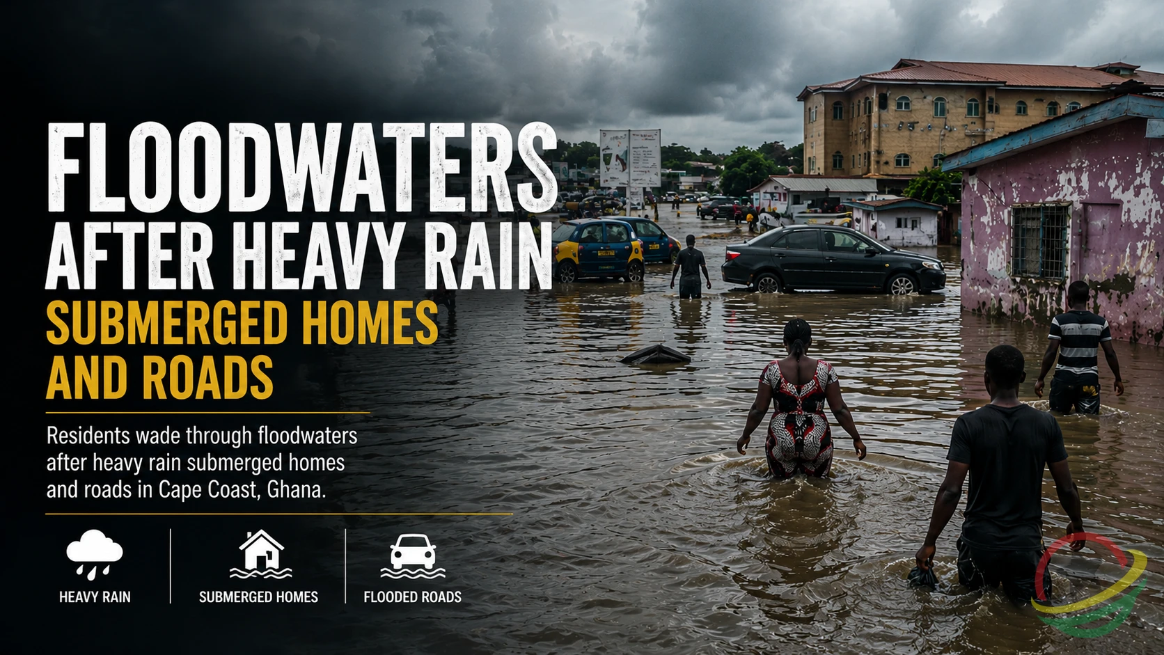 Residents walk through floodwaters during Ghana floods in Cape Coast after torrential rain submerged homes and roads.