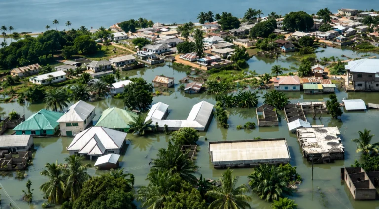 A coastal community in Ghana facing erosion and flooding risks, with climate adaptation and resilience measures underway.