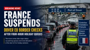 Long queues of vehicles near the Port of Dover during holiday travel disruption.