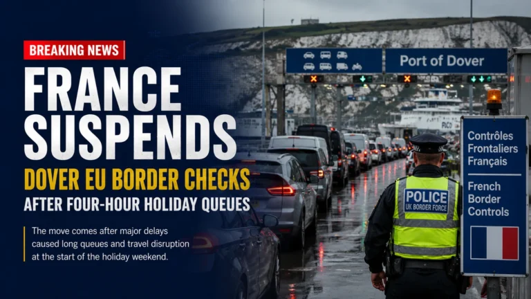 Long queues of vehicles near the Port of Dover during holiday travel disruption.