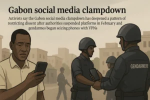 Gabon’s social media clampdown: Illustration of Gabonese gendarmes checking civilians’ phones during a reported social media crackdown in Gabon, with a worried man holding a smartphone in the foreground