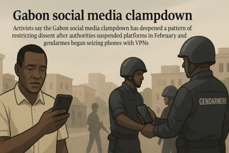 Gabon’s social media clampdown: Illustration of Gabonese gendarmes checking civilians’ phones during a reported social media crackdown in Gabon, with a worried man holding a smartphone in the foreground