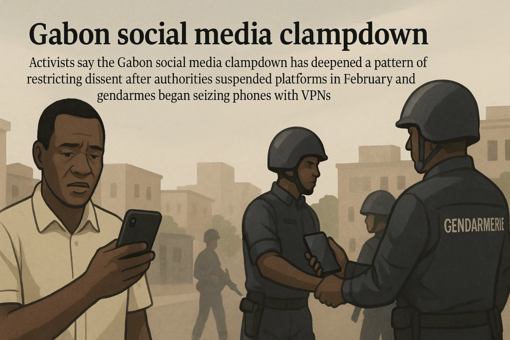 Gabon’s social media clampdown: Illustration of Gabonese gendarmes checking civilians’ phones during a reported social media crackdown in Gabon, with a worried man holding a smartphone in the foreground