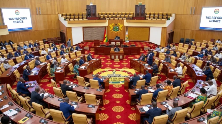 Ghana tax policy debate in parliament chamber Accra