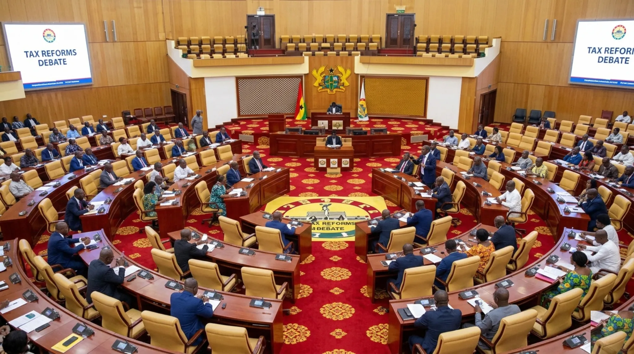 Ghana tax policy debate in parliament chamber Accra