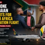 a Ghanaian official meeting a young man alongside an evacuation aircraft and Ghana Foreign Affairs imagery amid reports that only one Ghanaian reported for a South Africa evacuation flight.