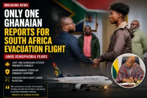 a Ghanaian official meeting a young man alongside an evacuation aircraft and Ghana Foreign Affairs imagery amid reports that only one Ghanaian reported for a South Africa evacuation flight.