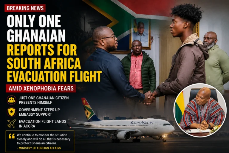 a Ghanaian official meeting a young man alongside an evacuation aircraft and Ghana Foreign Affairs imagery amid reports that only one Ghanaian reported for a South Africa evacuation flight.