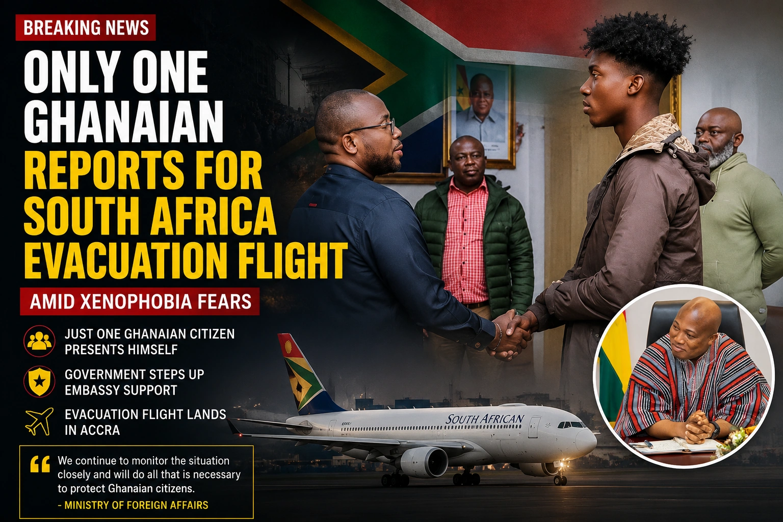 a Ghanaian official meeting a young man alongside an evacuation aircraft and Ghana Foreign Affairs imagery amid reports that only one Ghanaian reported for a South Africa evacuation flight.