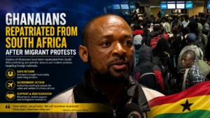 Ghanaian nationals gathered at OR Tambo airport before repatriation flight from South Africa.