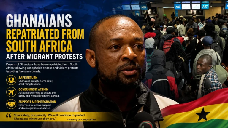 Ghanaian nationals gathered at OR Tambo airport before repatriation flight from South Africa.