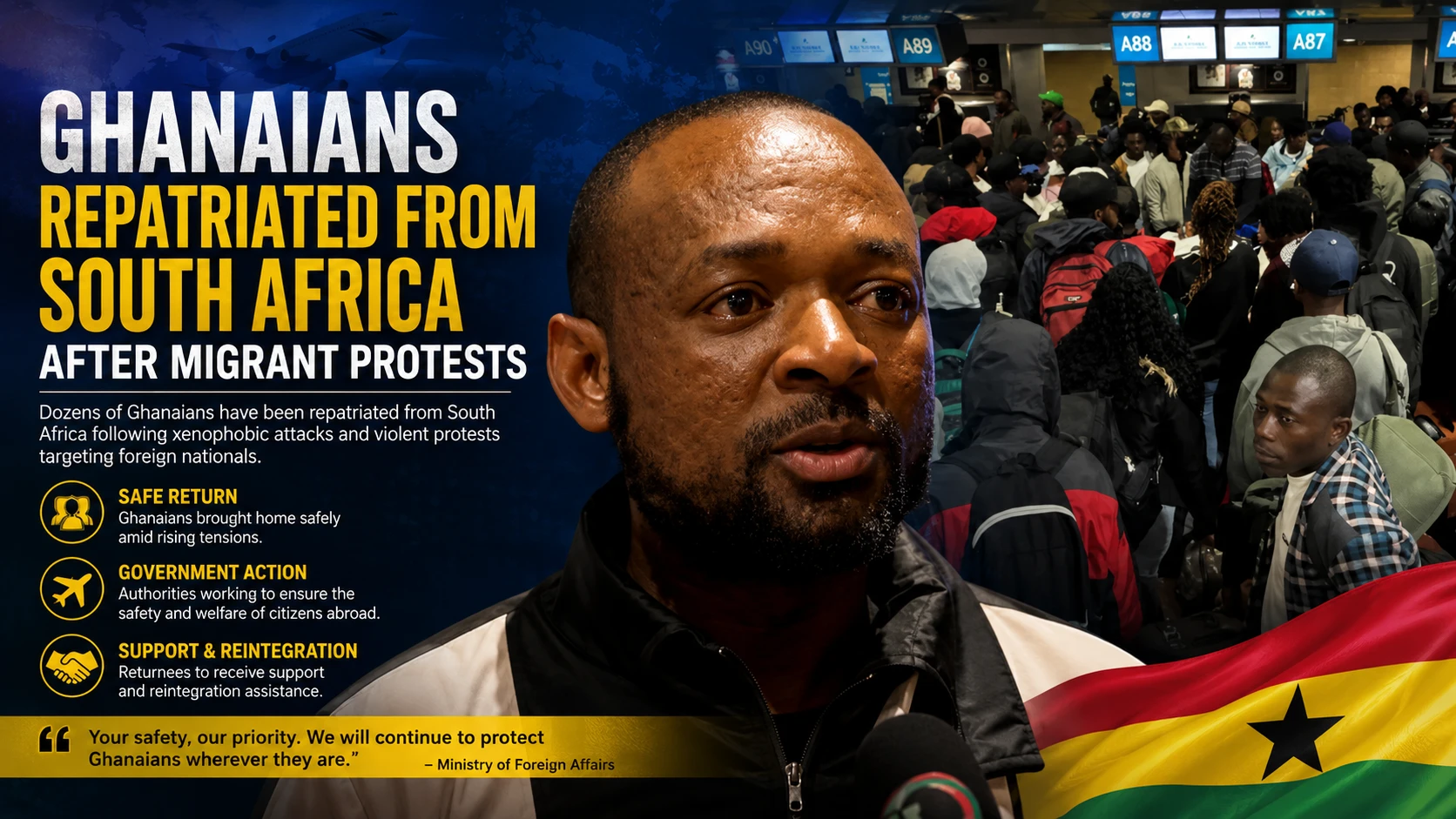 Ghanaian nationals gathered at OR Tambo airport before repatriation flight from South Africa.