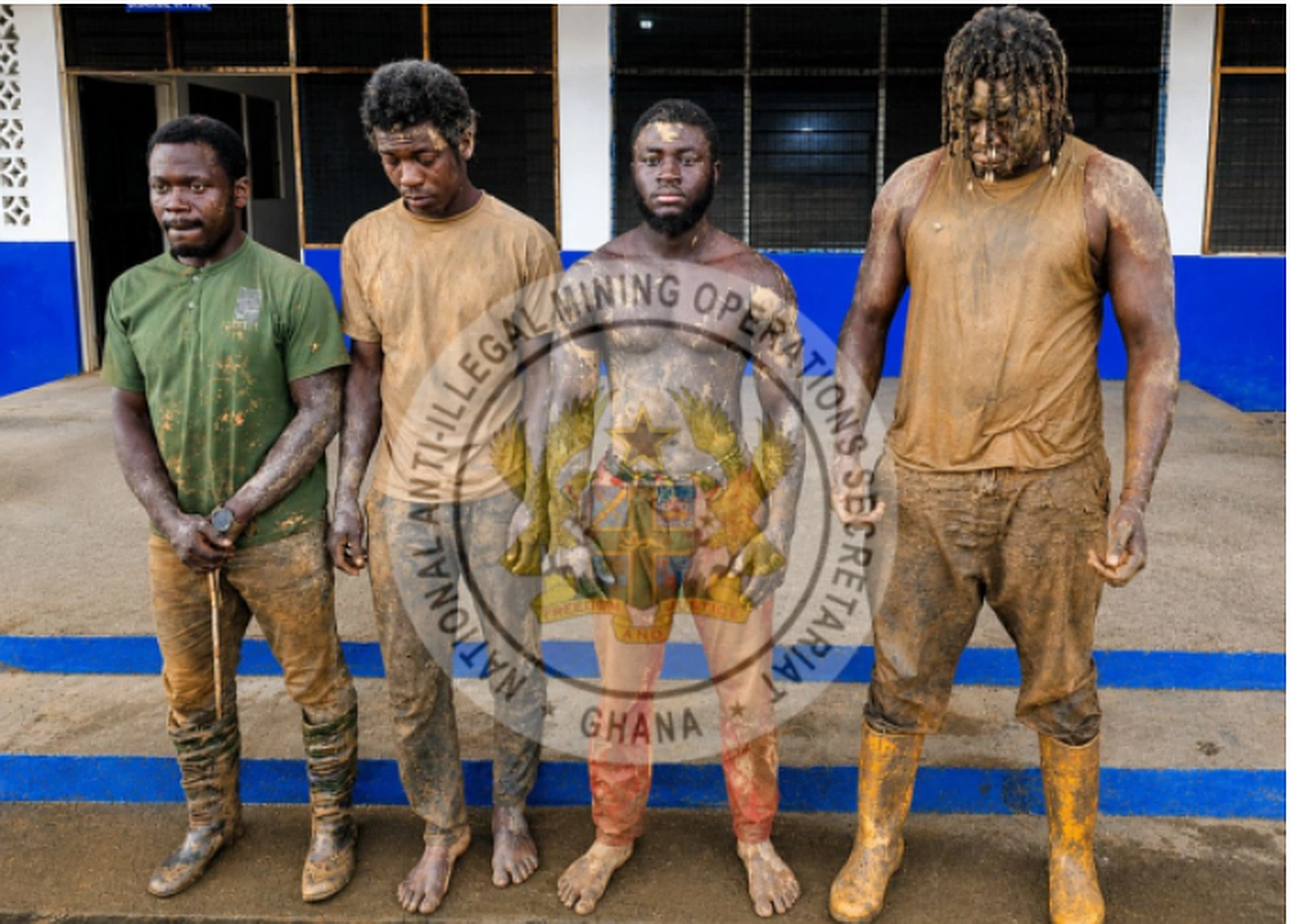 Armed suspects arrested during anti-galamsey raid near Ankobra River in Ghana.