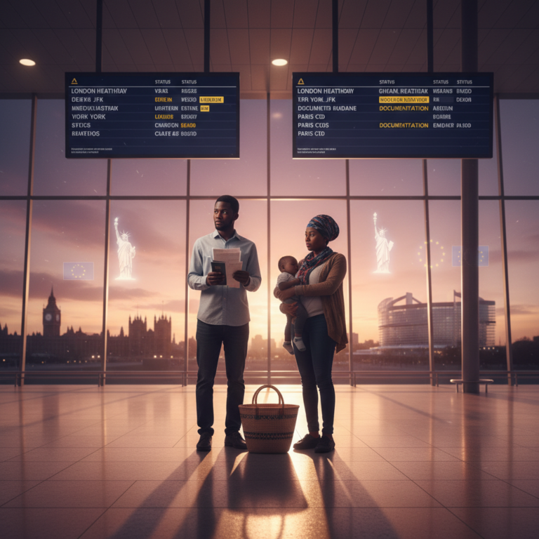 Ghanaian family at an international airport amid new UK, US and EU immigration rule changes