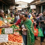 Market shoppers facing Africa's inflation pressures and rising food prices in Nairobi