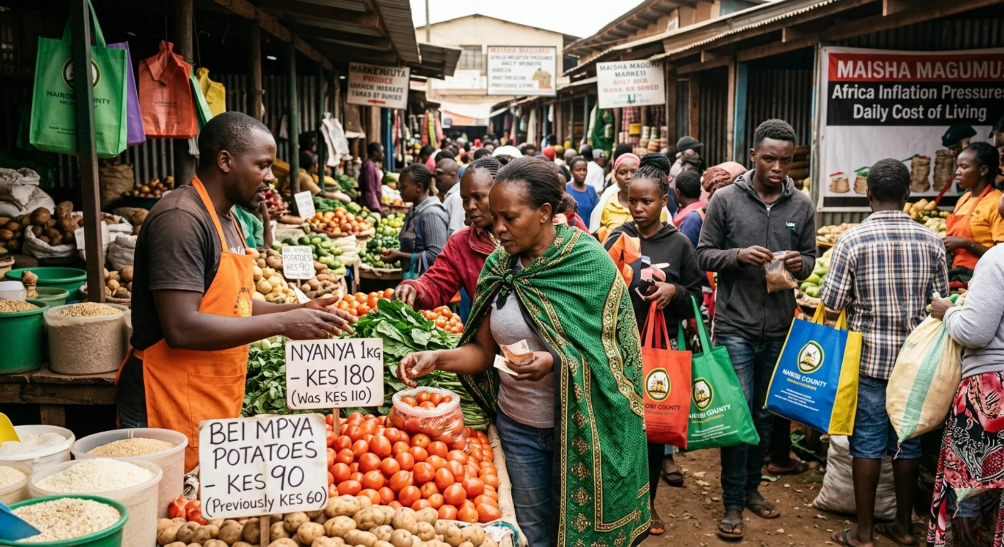 Market shoppers facing Africa's inflation pressures and rising food prices in Nairobi