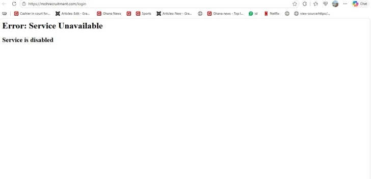 A screenshot shows the Ministry of Health recruitment portal displaying an "Error"
