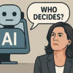 Illustration showing an AI robot beside former Meta news executive Campbell Brown with the words “Who Decides?” highlighting concerns about AI algorithms, news feeds and information control.