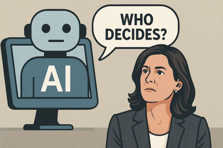 Illustration showing an AI robot beside former Meta news executive Campbell Brown with the words “Who Decides?” highlighting concerns about AI algorithms, news feeds and information control.