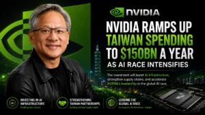 Nvidia CEO Jensen Huang at a company event in Taipei during announcement of Taiwan investment expansion.