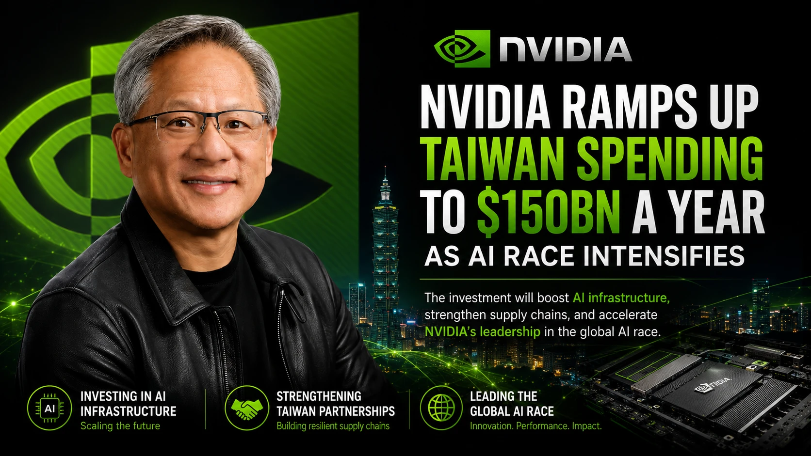 Nvidia CEO Jensen Huang at a company event in Taipei during announcement of Taiwan investment expansion.