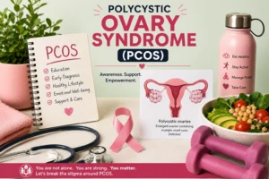 Awareness materials highlighting Polycystic Ovary Syndrome (PCOS), alongside healthy lifestyle and wellness items used to support education, fitness and women’s health advocacy.