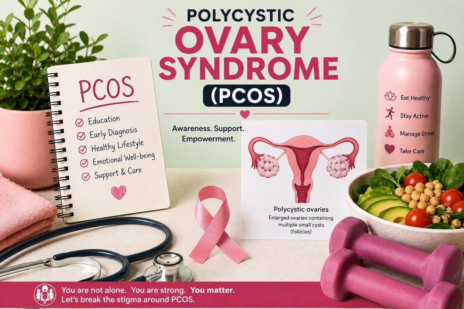 Awareness materials highlighting Polycystic Ovary Syndrome (PCOS), alongside healthy lifestyle and wellness items used to support education, fitness and women’s health advocacy.